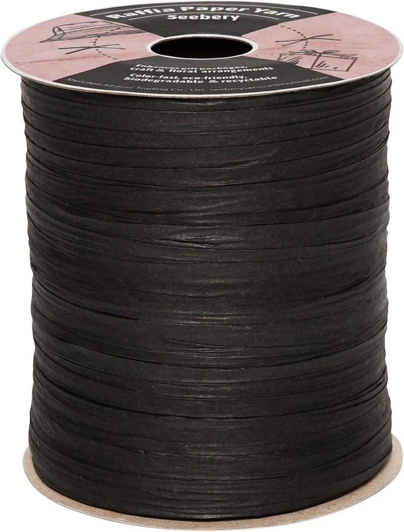 SEEBERY Raffia Ribbon for Crafts - Raffia Yarn Grass Twine for Gift Wrapping, DIY Decoration & More | Matte String Paper Rope for Crochet - 1/4'' Wide, 100 Yards, Black - Image 1